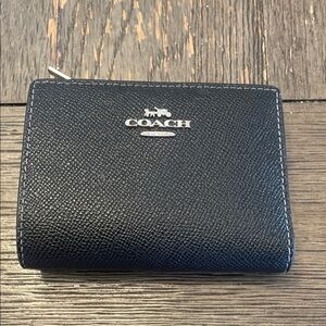 Coach Black Textured Leather Compact Zip Wallet with Silver Logo